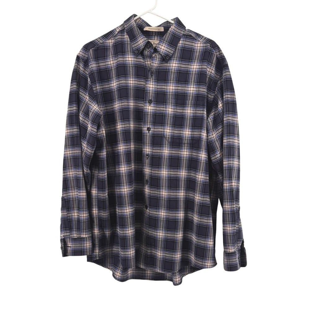 L.L. Bean Traditional Fit Men's Large Blue Plaid Cotton Button Up Shirt Long‎